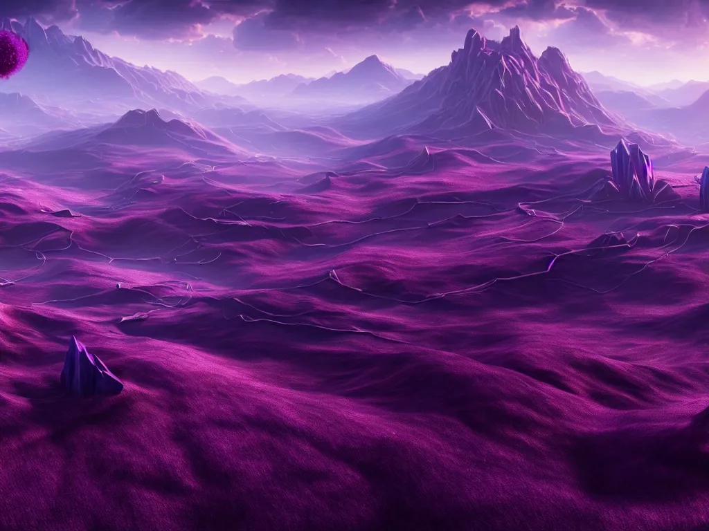 Prompt: highly detailed photo of purple valley, trending on deviantart, neo surrealism, sharp focus, 4 k, a lot of little details, octane, masterpiece, art by max ernst