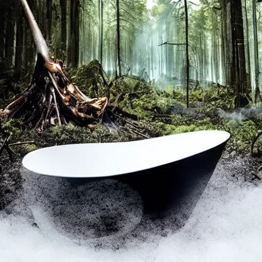 Image similar to pristine porcelain bath filled with bubbles in a clearcut rainforest, slash and burn, cleared forest, deforestation, bubble bath, overflowing with bubbles, tree stumps, smouldering charred timber