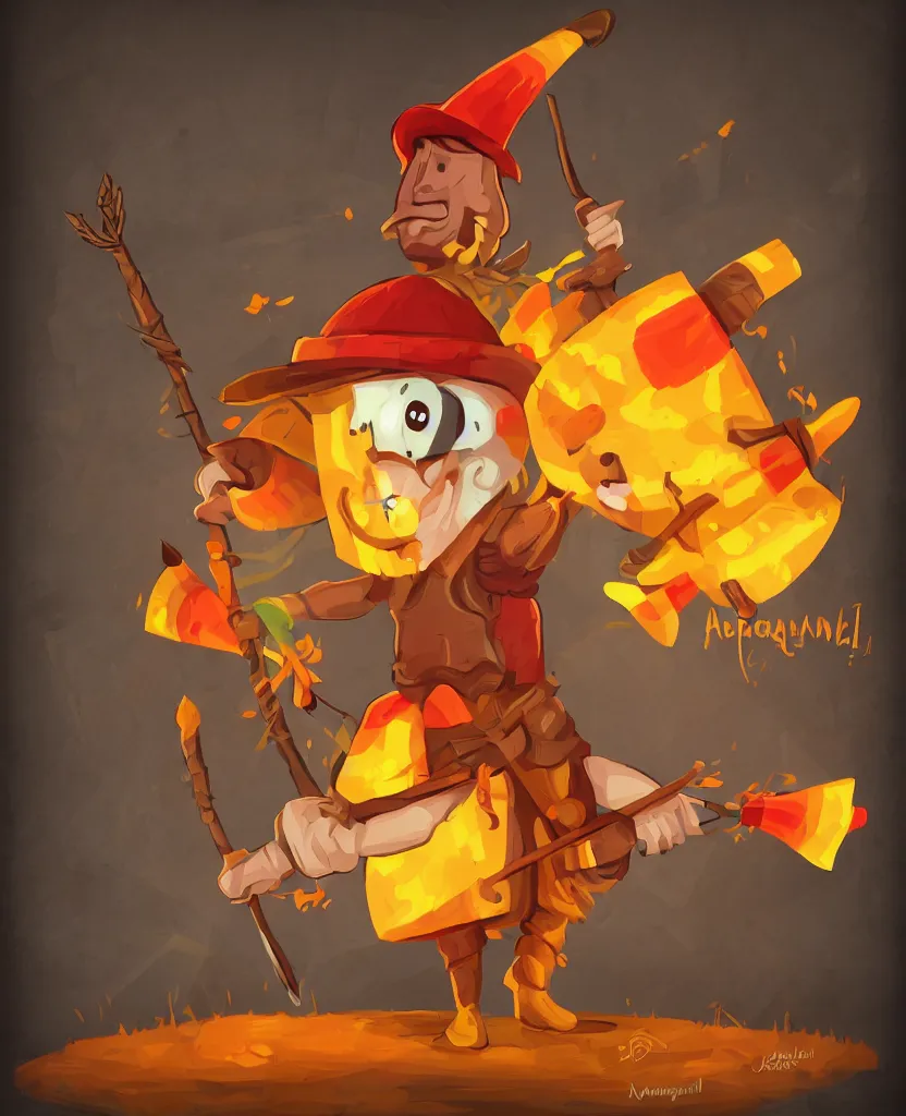 Image similar to a cartoon candy corn character holding a spear and wearing a hat, a character portrait by muggur, trending on deviantart, pop surrealism, 2 d game art, apocalypse art, by by joao artur da silva, tumblr contest winner, shock art