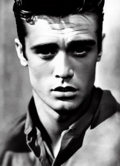 Image similar to genetic combination of james dean, elvis presley, sean connery, and boris karloff. gaunt, handsome, beautiful, striking, chiseled. prominent cheekbones, deep dimples, strong jaw.