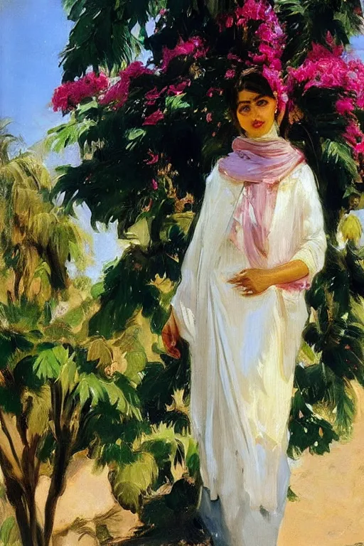 Prompt: a persian girl with agreen rabesque scarf near bougainvillea and palm trees, ahwaz city in iran, painting by john singer sargent