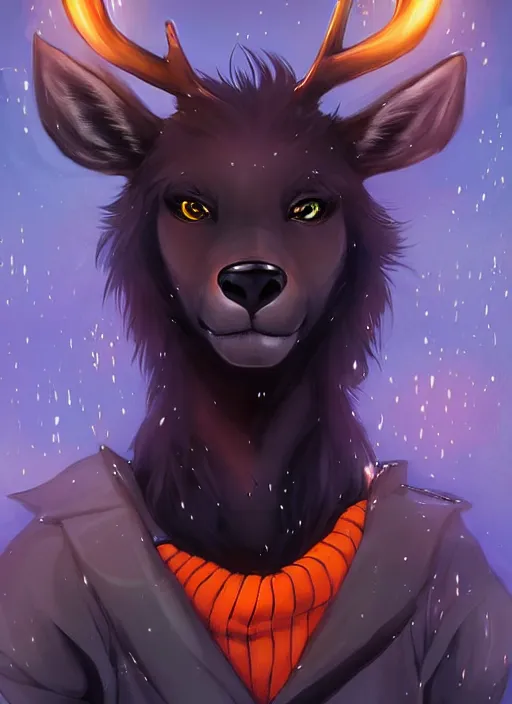 Image similar to award winning beautiful portrait commission of a male furry anthro Black Reindeer fursona with a tail, wings and a cute beautiful attractive detailed furry face wearing stylish black and orange galaxy clothes in a outerspace city at night while it rains. Character design by charlie bowater, ross tran, artgerm, and makoto shinkai, detailed, inked, western comic book art