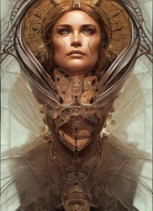 Image similar to symmetry!! kurt russel, machine parts embedded into face, intricate, elegant, highly detailed, digital painting, artstation, concept art, smooth, sharp focus, illustration, art by artgerm and greg rutkowski and alphonse mucha, 8 k