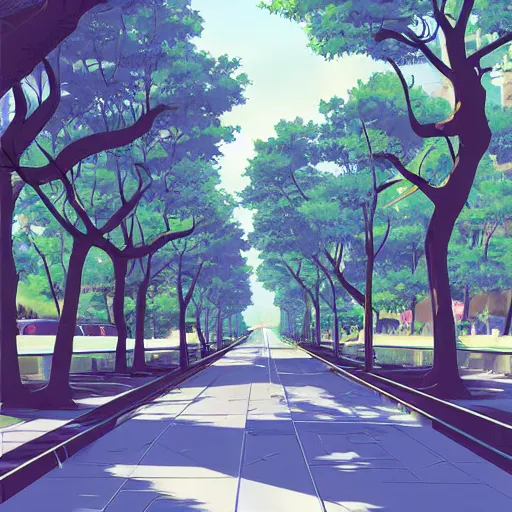 Prompt: private academy entrance, boulevard, dense trees, building in the distance, overhanging branches, long road, cel - shading, 2 0 0 1 anime, flcl, jet set radio future, the world ends with you, god rays, cel - shaded, strong shadows, vivid hues, y 2 k aesthetic, art by artgerm