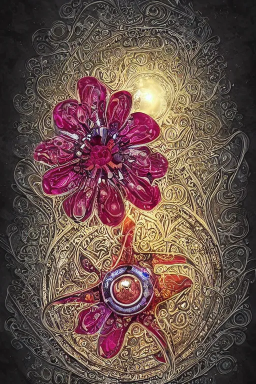 Image similar to a intricate background design intricate rune stones and rubies, flowers atomic stars, digital art, photorealistic, vivid colors, highly detailed, intricate