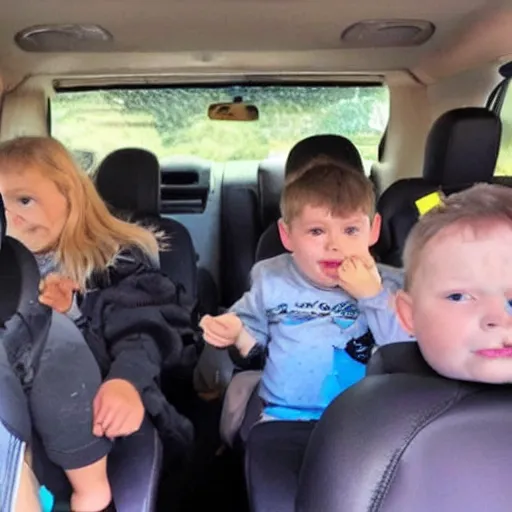 Prompt: the kids on the back seat making a fudging mess