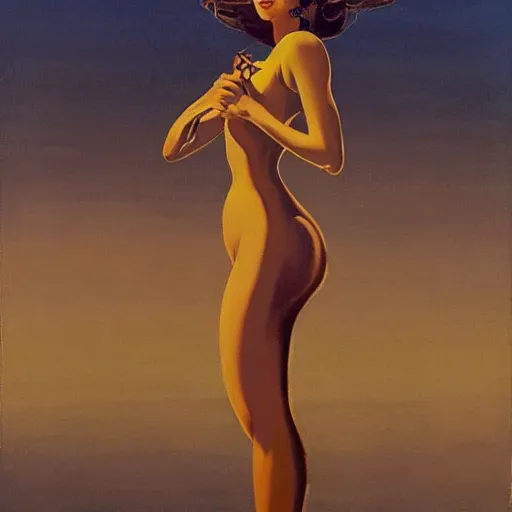 Prompt: a oil painting of a fair skin with dark curly stylised hair queen wearing dress, by hans emmenegger, by bruce pennington, by eyvind earle, by nicholas roerich, by frank frazetta, by georgia o keeffe, highly detailed, realistic, concept art, jewels, tiles curtains, oriental, desaturated