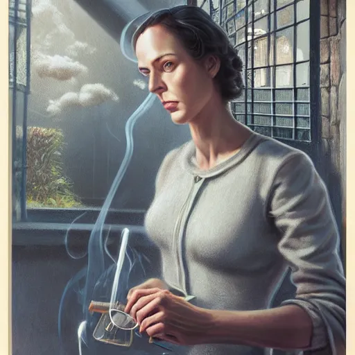 Image similar to detailed face of an intelligent clothed woman with kind eyes in a architectonic courtyard with whisps of smoke at a science expo, atmospheric, ambient, pj crook, syd mead, livia prima, artgerm, greg rutkowski, nick alm, casey baugh