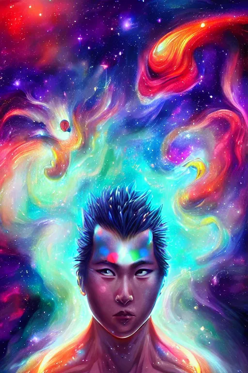 Prompt: god of the universe, korean mythology, galaxies and nebula flowing out of his body, artgerm, psychedelic floral planets, studio ghibli painterly style, trending on artstation