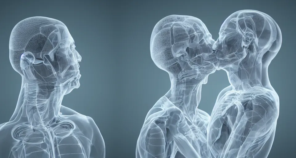 Image similar to xray medical photos of couples kissing each other, octane render, concept art, realistic, high details, art by hsiao - ron cheng and james jean highly detailed, intricate detail, unreal engine, octane render