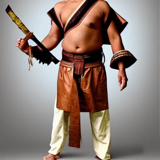 Prompt: handsome man, face like of saharat sangkapreecha, tai warrior, leather costume