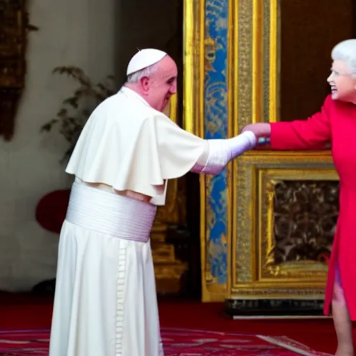 Image similar to the queen of england viciously attacks the pope in a boxing ring