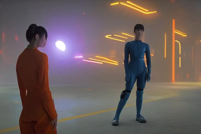 Image similar to a still from the film bladerunner 2 0 4 9 depicting haruka abe wearing an orange prison jumpsuit. behind her a blue holographic face dominates the background. futuristic medical equipment surrounds haruka abe. sci fi, futuristic,