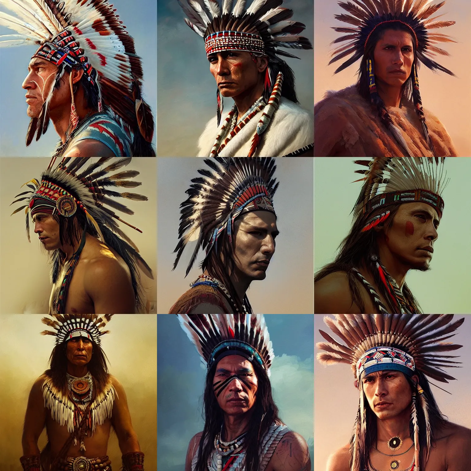 Prompt: native american warrior, headdress, thin, handsome, intricate, masterpiece, dramatic lighting, semi-realistic, sharp, digital art, art by greg rutkowski and valentina remenar
