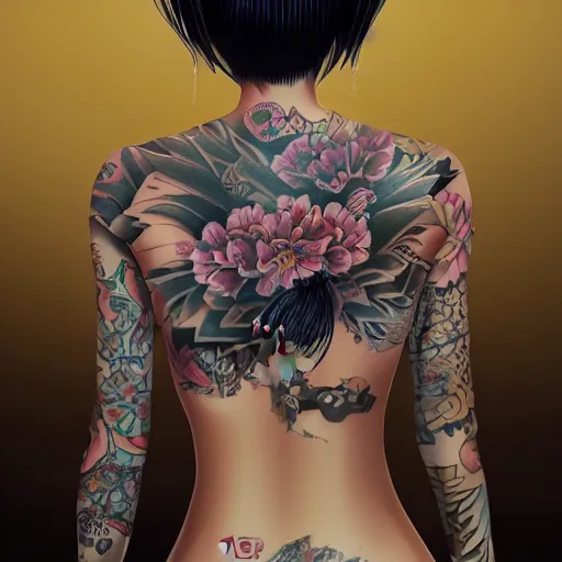 Prompt: a young and beautiful yakuza girl sitting with her back uncovered dropping her kimono, looking backwards, with a beautiful big tattoo painted on her bare back, character art, illustration, elegant, 2d, ultra highly detailed, digital painting, smooth, sharp focus, artstation, pixiv, art by Ilya Kuvshinov