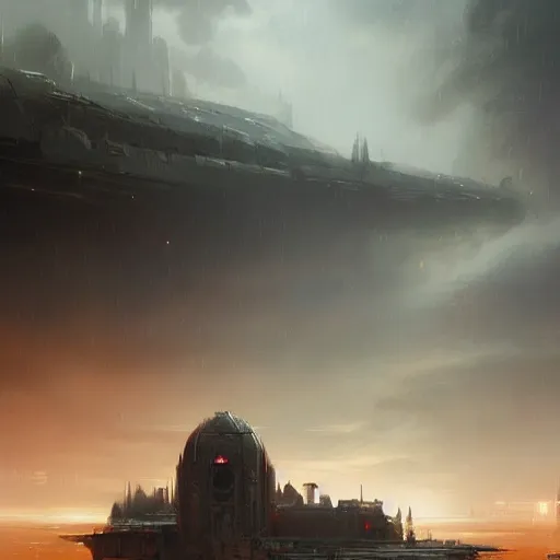 Image similar to star wars concept art by greg rutkowski, a baroque and imposing looking city, in the middle of a cold highland landscape, storm clouds, cinematic evening light, cold atmosphere, artstation hq