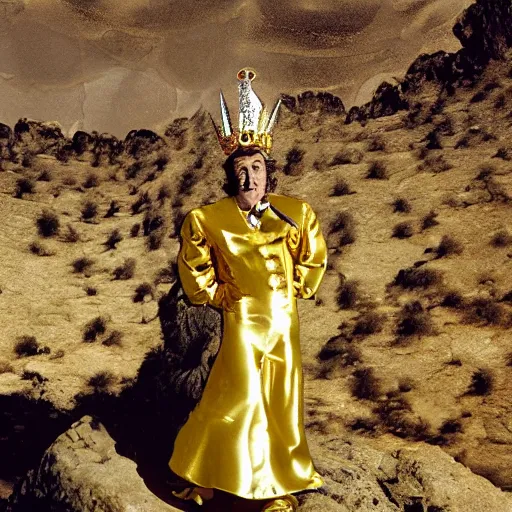 Image similar to salvador dali wearing a golden costume with jewels and golden crown, in a dry rocky desert landscape, visible sky and sunny atmosphere, fata morgana film still from the movie by alejandro jodorowsky with cinematogrophy of christopher doyle and art direction by hans giger, anamorphic lens, kodakchrome, very detailed photo, 8 k