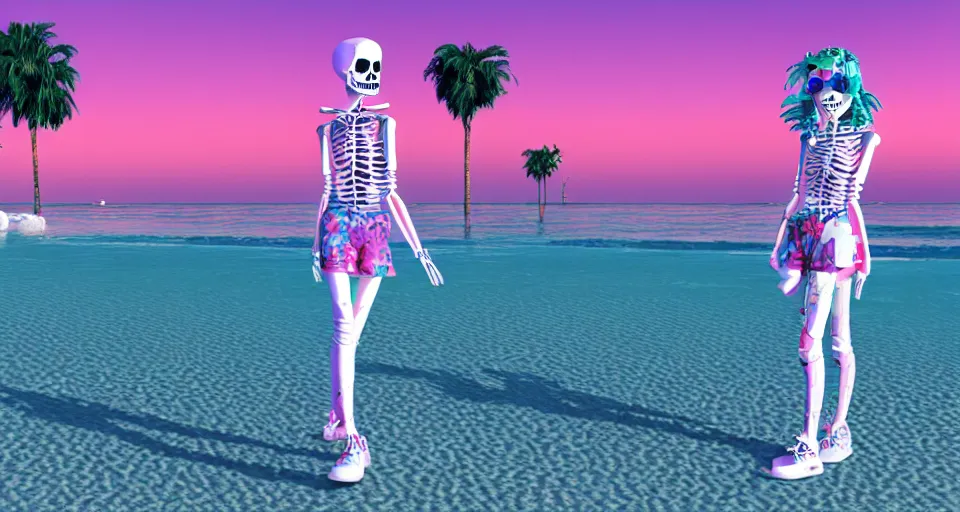 Prompt: fullbody vaporwave art of a fashionable skeleton girl at a beach, early 90s cg, 3d render, 80s outrun, low poly, from Hotline Miami