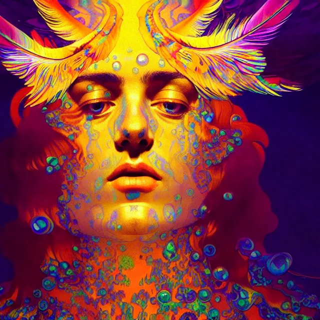Image similar to face of jesus psychedelic transcendent feather mind bending psychedelic wings of glossy liquid honey flowing like kaleidoscopic translucent holograph, lsd feathers, feathery fluff, enlightenment, high contrast dappled lighting, refracted sunset, highly detailed, concept art, art by collier, albert aublet, krenz cushart, artem demura, alphonse mucha