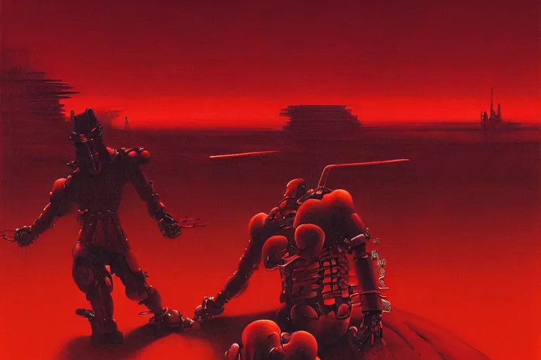 Image similar to only with red, a red cyborg samurai, tokio futuristic in background, some evil yokai fight, in the style of beksinski, parts by edward hopper, parts by rodcenko, parts by yue minjun, intricate and epic composition, red by caravaggio, insanely quality, highly detailed, masterpiece, red light, artstation, 4 k