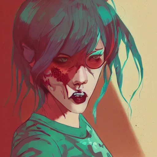 Image similar to Highly detailed portrait of pretty punk zombie young lady with, freckles and beautiful hair by Atey Ghailan, by Loish, by Bryan Lee O'Malley, by Cliff Chiang, inspired by image comics, inspired by graphic novel cover art, inspired by papergirls !! Gradient color scheme ((grafitti tag brick wall background)), trending on artstation