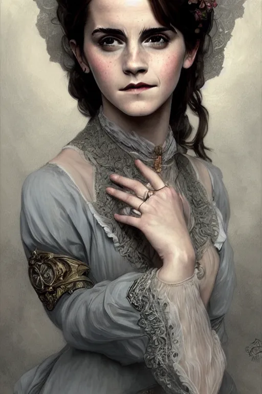 Prompt: Emma Watson dressed in a victorian fashion, D&D, fantasy, intricate, elegant, highly detailed, digital painting, artstation, concept art, matte, sharp focus, illustration, art by Artgerm and Greg Rutkowski and Alphonse Mucha