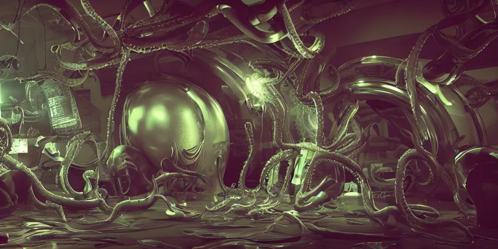 Image similar to team of scientists in stays suits stay near with capsule containing mystery alien with tentacles lit contrast colour, horror, dark environment, long shot, hyper - detailed, octane render, unreal engine 5, ray tracing, digital art