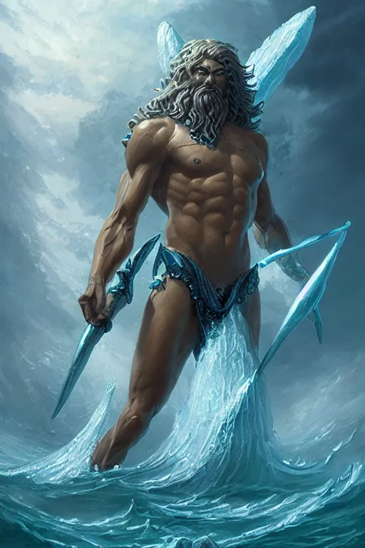 Image similar to poseidon humanoid god of the sea, trident, highly detailed, d & d, fantasy, highly detailed, digital painting, trending on artstation, concept art, sharp focus, illustration, art by artgerm and greg rutkowski and magali villeneuve