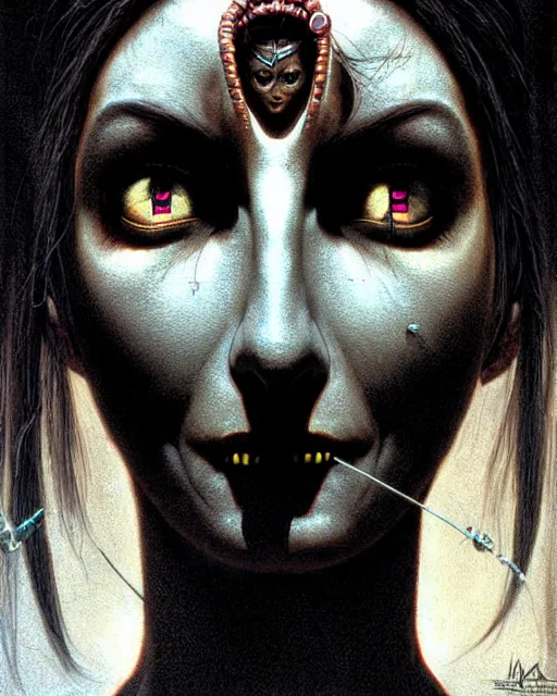 Image similar to symmetra from overwatch, character portrait, portrait, close up, concept art, intricate details, highly detailed, horror poster, horror, vintage horror art, realistic, terrifying, in the style of michael whelan, beksinski, and gustave dore