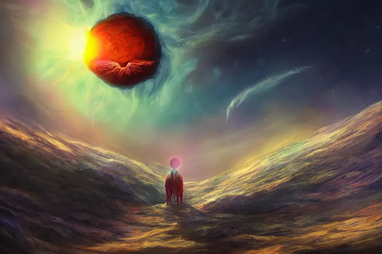 Prompt: a cosmic monster eating the sun, digital painting, mixed media, trending on artstation and deviantart, epic composition, highly detailed, 8 k