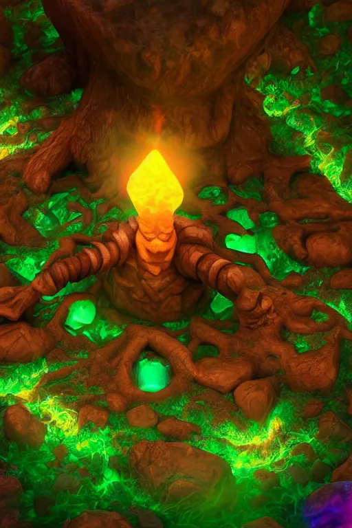 Image similar to arcane fantasy art giant golem elemental wood rock bastion forged gemstone enchanted forest troll, global illumination ray tracing hdr fanart arstation by sung choi and eric pfeiffer and gabriel garza and casper konefal lisa frank zbrush central hardmesh radiating a glowing aura