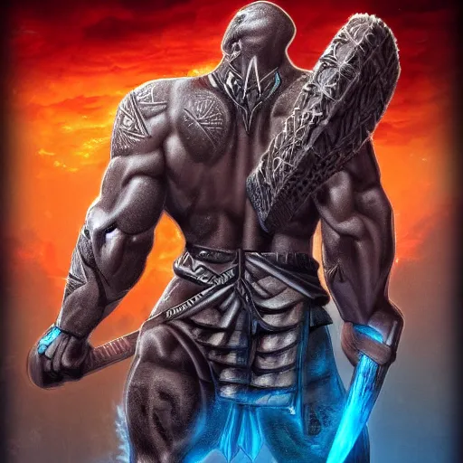 Prompt: frost goliath, with a two handed axe, tribal tattoos, very muscular, large fists, fantasy, d & d, intricate, detailed 4 k, trending on artstation, smooth, sharp focus