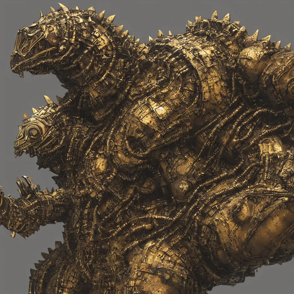 Prompt: Portrait of an angry mechanical bronze steampunk Godzilla. 4K. Concept art. Unreal engine. Highly detailed.