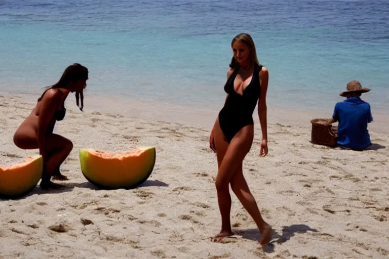 Image similar to poor woman selling melons to wealthy bikini model on the beach by Emmanuel Lubezki