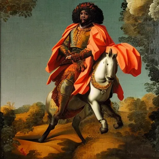 Prompt: black man with afro hair wearing an army green cloak, ( ( ( riding an orange bull ) ) ), renaissance style painting, stunning detail and accuracy