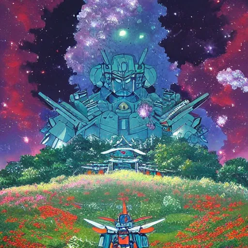 Prompt: a beautiful painting of a large gundam shrine shrouded by mystic nebula magic in a field of flowers by moebius and android jones