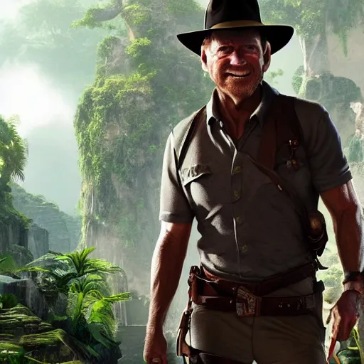 Image similar to joe biden as indiana jones octane render unreal engine jungle background