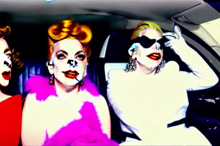 Image similar to lady gaga and judy garland doing carpool karaoke, lady gaga and judy garland, carpool karaoke, lady gaga, judy garland, carpool karaoke, youtube video screenshot, the late late show with james corden