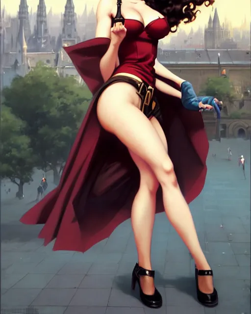 Image similar to pinup photo of hermione jean granger in the crowded square of the city, by greg rutkowski, artgerm, gil elvgren, enoch bolles, glossy skin, pearlescent, anime, very coherent, sao style anime, flat