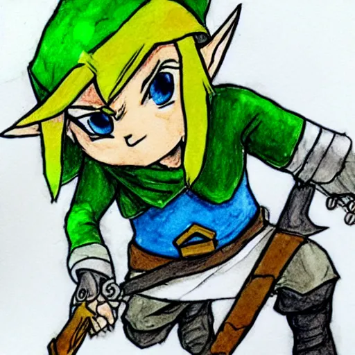 Image similar to a cute link from zelda in the style of pen, ink and watercolor