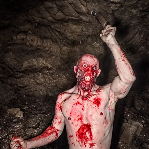 Prompt: big butcher man posing scarily, scary angry pose, fresh kill, bloody, cleaver, earie setting, in a dark cave, horror, hyperdetailed