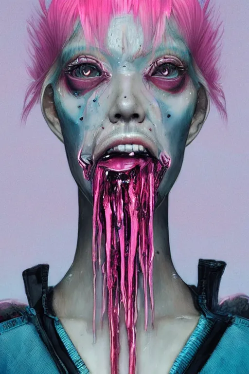 Prompt: portrait of a melting punk girl pink hair . intricate abstract. intricate artwork. nightmare fuel. terrifying. by Tooth Wu, wlop, beeple, dan mumford , trending on artstation, greg rutkowski very coherent symmetrical artwork. cinematic, hyper realism, high detail, octane render, 8k, iridescent accents