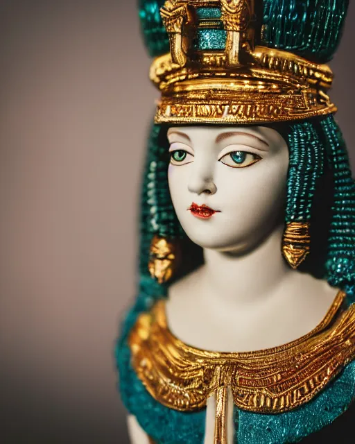 Image similar to high quality presentation photo of cleopatra as a porcelain doll, photography 4k, f1.8 anamorphic, bokeh, 4k, Canon, Nikon