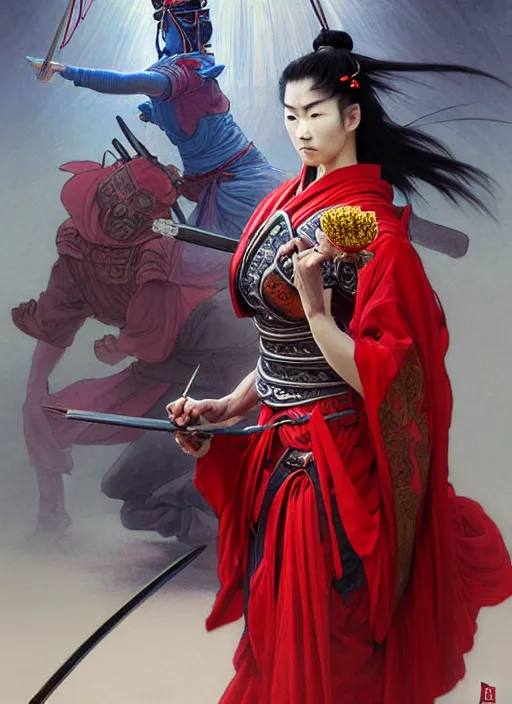 Prompt: cinematic concept movie scene of a wrathful samurai warrior woman dressed in red holding a lotus flower killing street thugs dressed in blue garb, cinematic scene, intricate, elegant, highly detailed, lotus flower, digital painting, artstation, concept art, smooth, sharp focus, illustration, art by artgerm and greg rutkowski and alphonse mucha and wlop