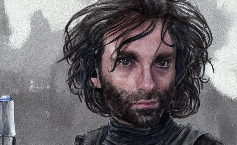 Image similar to a realistic star wars watercolor fantasy concept art of chris d'elia as a drug dealer in a sleazy futuristic city of coruscant, hq, 4 k