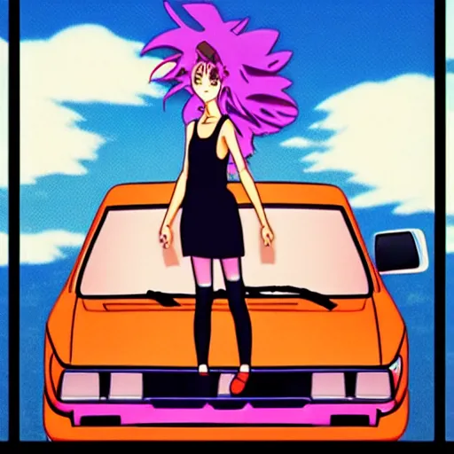 Image similar to girl driver her car in sunset, sprite, vaporwave nostalgia, directed by beat takeshi, visual novel cg, 8 0 s anime vibe, kimagure orange road, maison ikkoku, initial d, sketch by osamu tezuka, directed by hideki anno