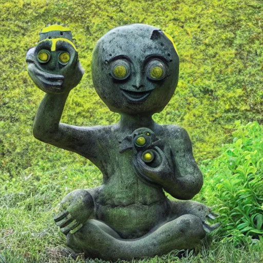 Image similar to statue of a radial creature with 4 eyes and 8 legs with very yellow moss and yellow plants