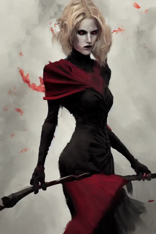 Image similar to female occultist, sweeping wild blonde hair!!, red eyes!!, portrait, high cheekbones, smug, evil, Victorian, black velvet dress, dark colors, ruby jewelry, moody, nefarious, villain, crimson halo, fantasy painting, trending in artstation, cgsociety, by Craig Mullins, Charlie Bowater, Brom