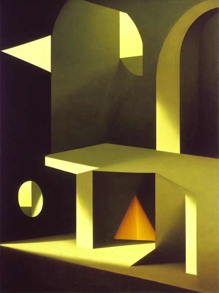 Image similar to hyperrealistic still life wide shot a mind contemplating itself, sacred geometry, light refracting through prisms, by caravaggio, surrealism, vivid colors, serene, golden ratio, rule of thirds, negative space, minimalist composition, by rene magritte and james turrell