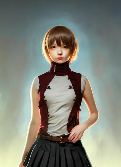 Image similar to portrait of a full body of beautiful young female detective, d & d, sleeveless turtleneck, pleated skirt, fantasy, flat lighting, intricate, highly detailed, digital painting, artstation, concept art, smooth, sharp focus, illustration, misa amane, art by simon bisley and greg rutkowski and alphonse mucha, natural tpose